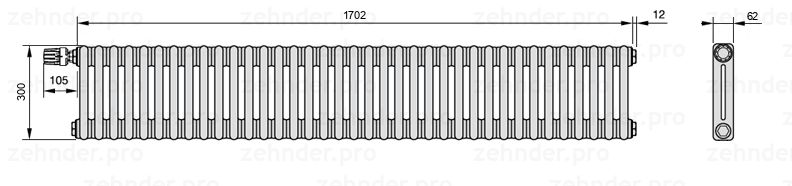 Схема (чертеж) Радиатор Zehnder Charleston 2030/37 №V012 Белый глянцевый RAL 9016